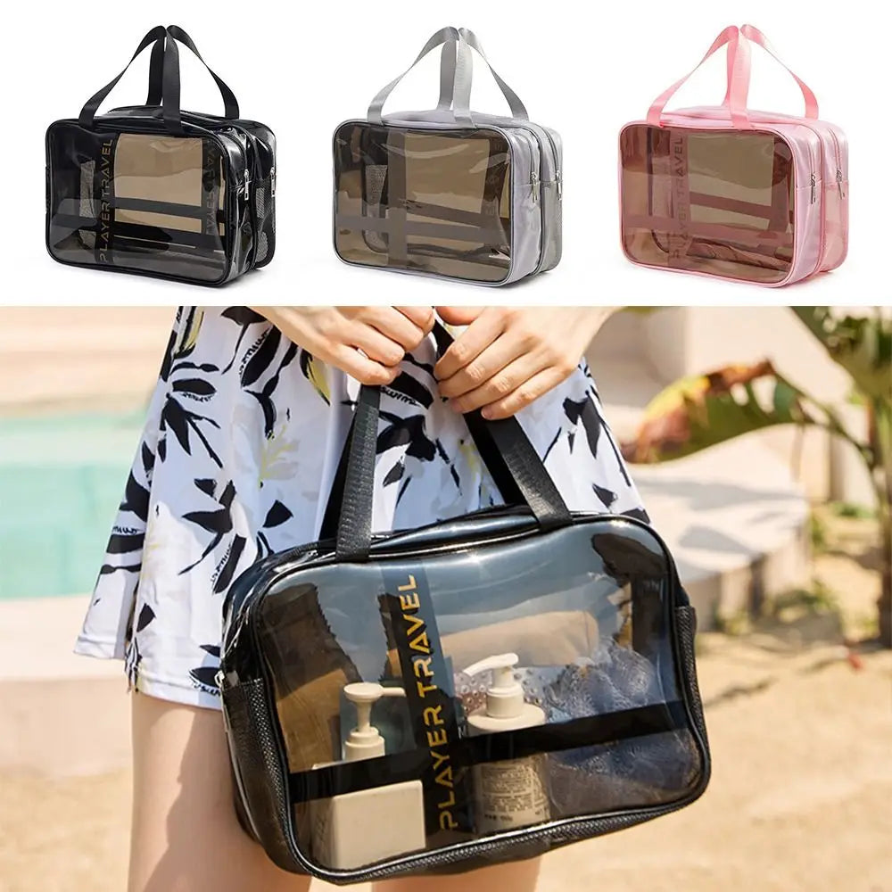 Portable Mutlicolor Cosmetic Bag Transparent Multi-purpose Storage Bag Dry Wet Separation PVC+Mesh Cloth Toiletries Bag Beach
