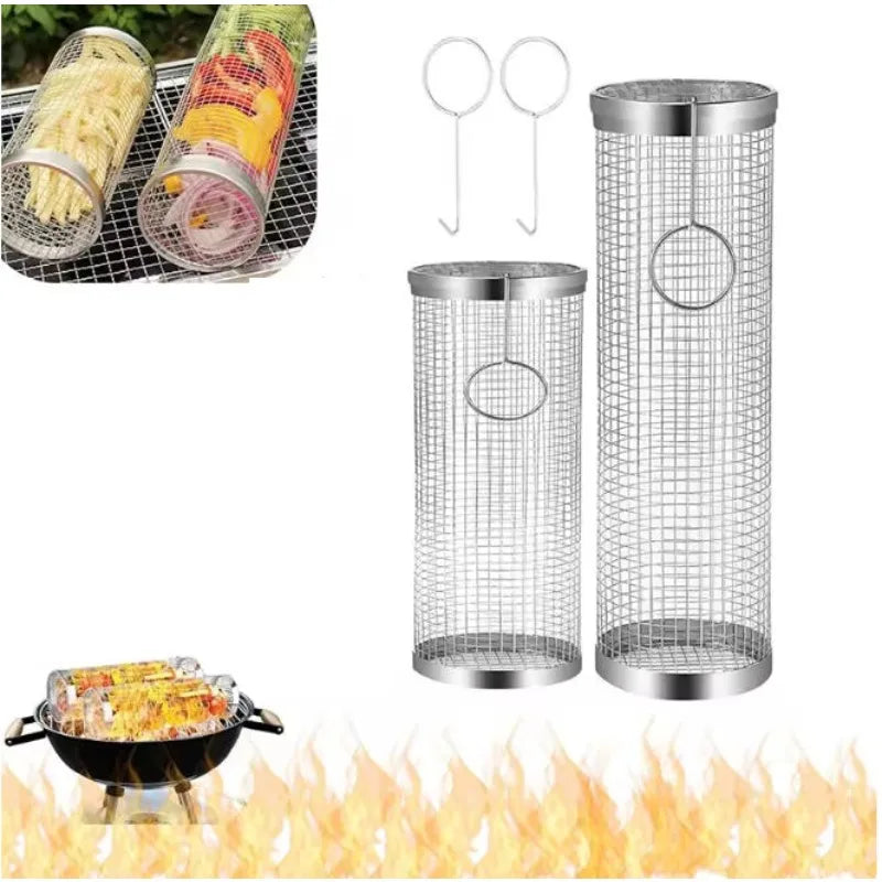 Stainless Steel Rolling Barbecue Basket Cylindrical Barbecue Basket Wire Mesh Portable Outdoor Barbecue Grill
