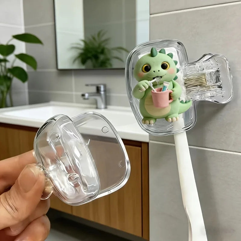 2pcs Cute Little Dinosaur Toothbrush Head Covers for Couples Storage Box Toothbrush Cover Holder Bathroom Accessory for Travel