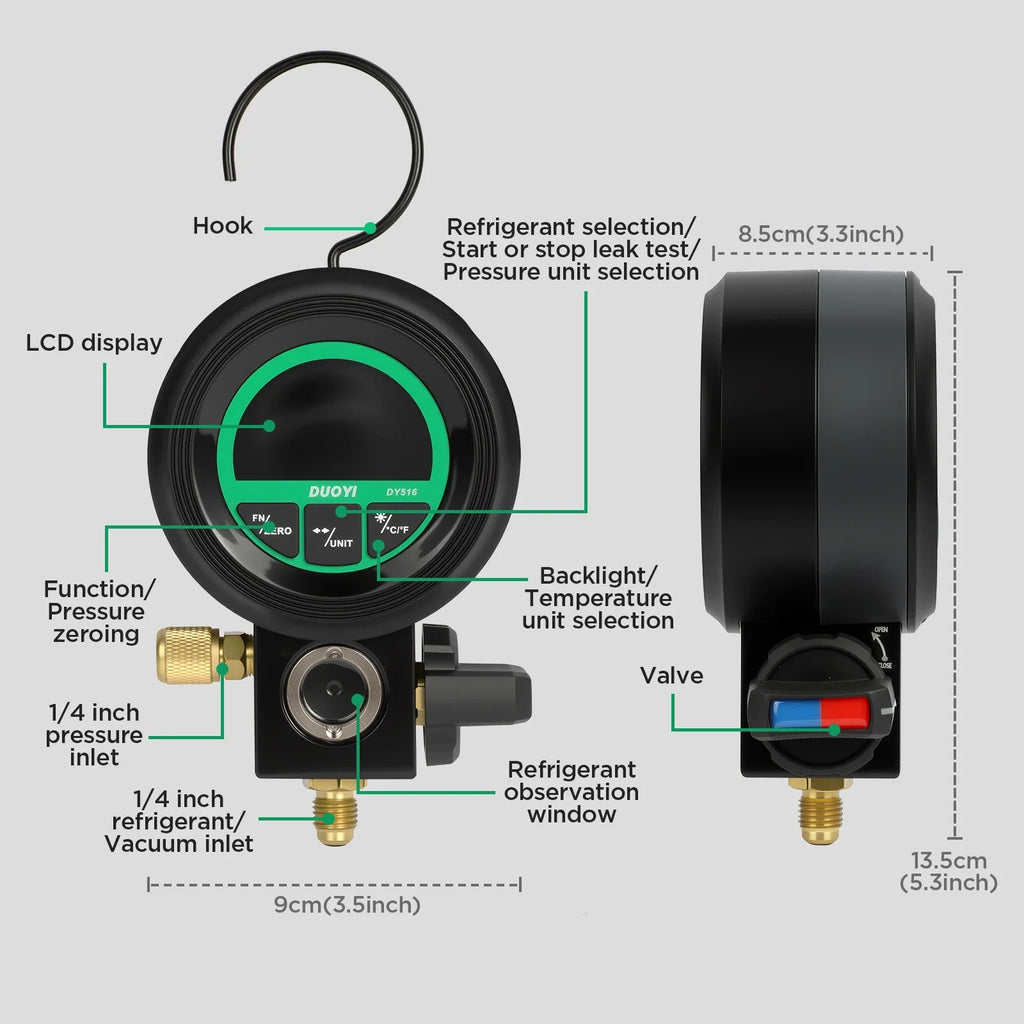 DY516 Digital HVAC Vacuum & Refrigeration Pressure Gauge – Accurate Multi-Function AC Test Tool