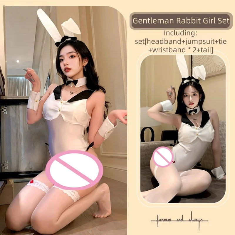 New Bold Elastic Elegant Slit Sexy and Pure Desire One-piece Lingerie Cute and Sweet Bunny Uniform Bodysuit Off-shoulder Deep V