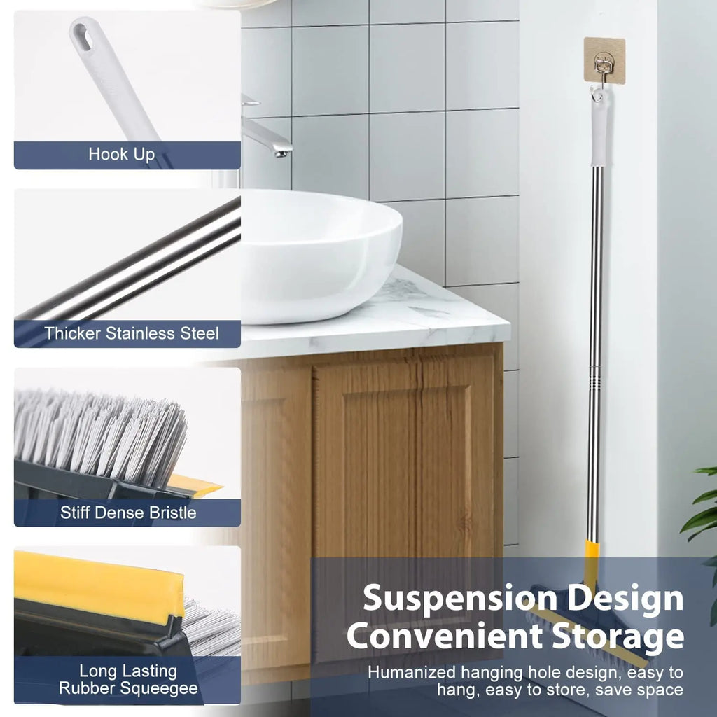 Scrub Brush Tile Cleaner Brush with Scraper with Squeeze 3-Section Adjustable Bathroom Brush with Long Handle V-Shaped Bristles