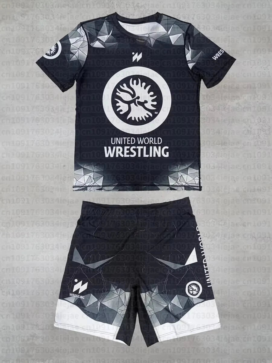 2026 New Summer Men Kid United World Wrestling Sportswear Set Short Sleeve T Shirt and Shorts for MMA Training Lightweight