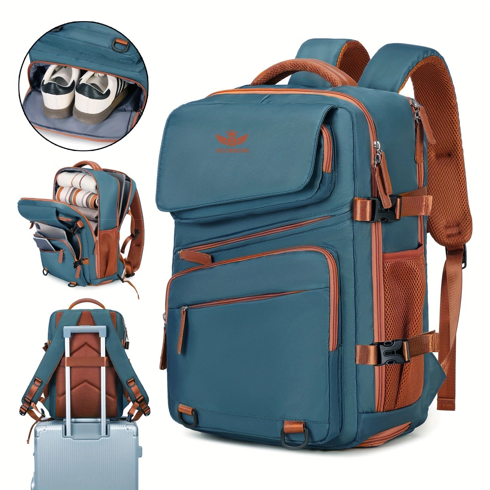ZUOKEDISI Airlines Approved 15.6-inch Laptop Travel Backpack with Shoe Box and Luggage Strap, Hiking Backpack