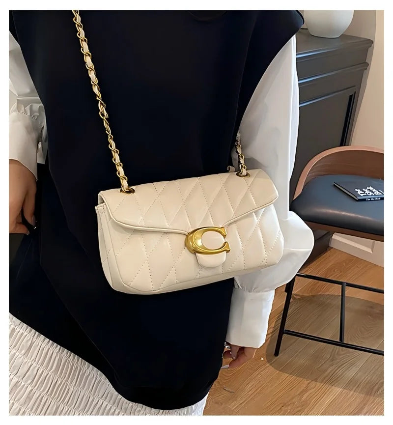 Women Quilted Leather Shoulder Bag Luxury C Logo Gold Chain Crossbody Bag Designer Small Flap Handbag Vintage Black Evening Clut