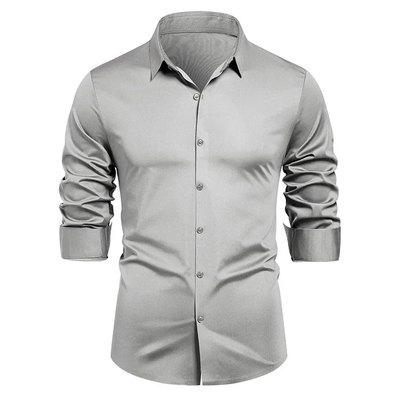 High-end Formal Work Shirts Men Spring Autumn Long Sleeve Elastic Shirt Anti-wrinkle Free Ironing Business Comfort Slim Workwear