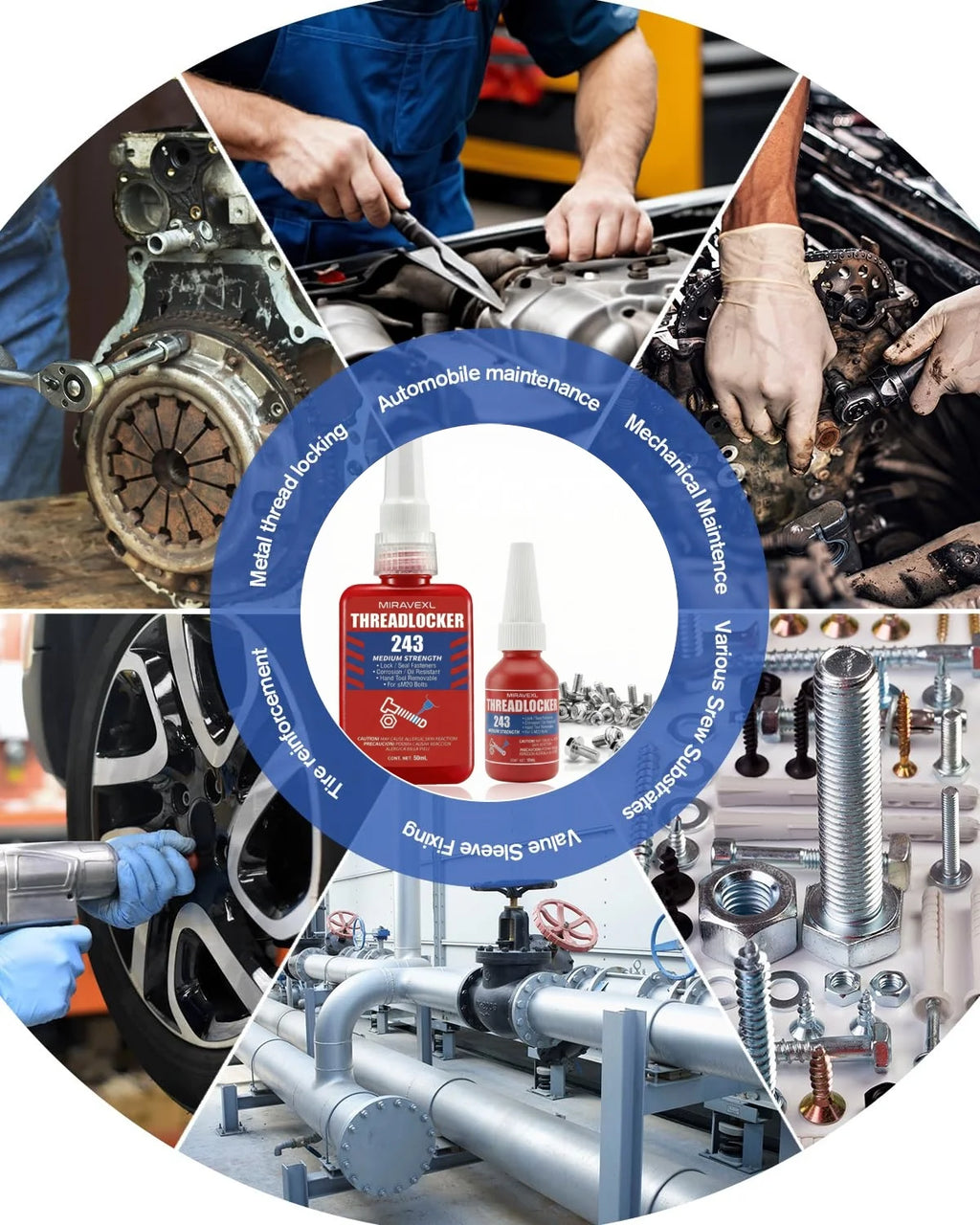 MIRAVEXL 243 Threadlocker Medium Strength Anaerobic Adhesive Antiloose Screw Glue Oil Resistant Fastener Sealant 10ml 50ml
