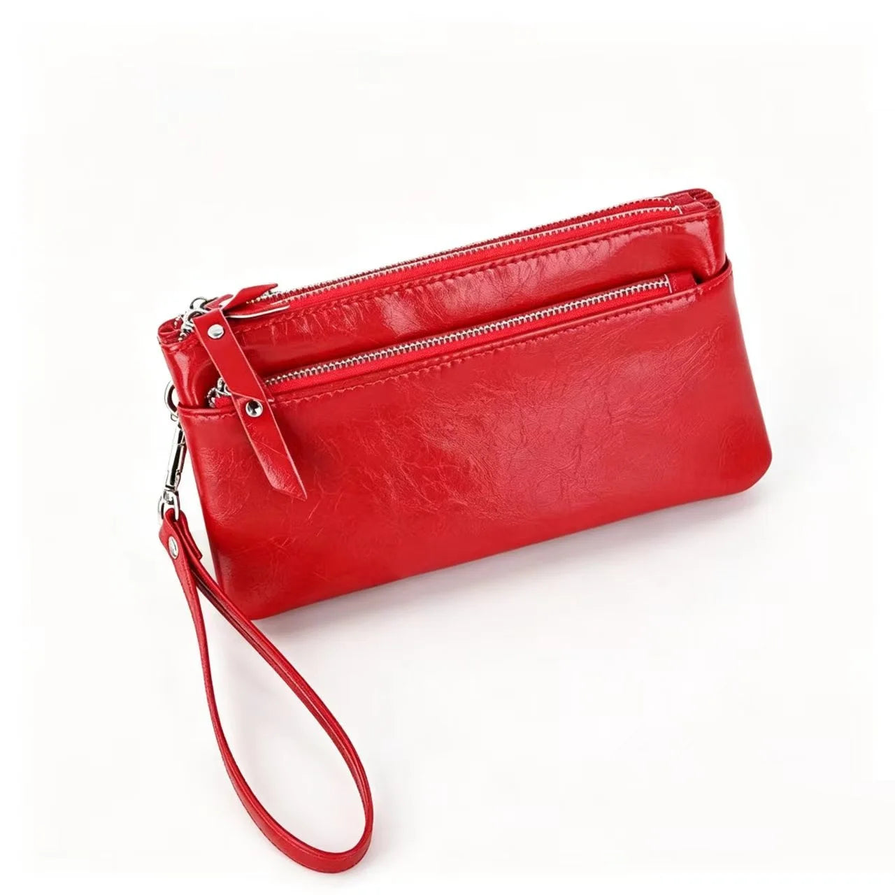 Women Genuine Leather Clutch Purse 3 Zipper Pockets Wrist Strap Wallet 2026 New Cow Leather Phone Pouch