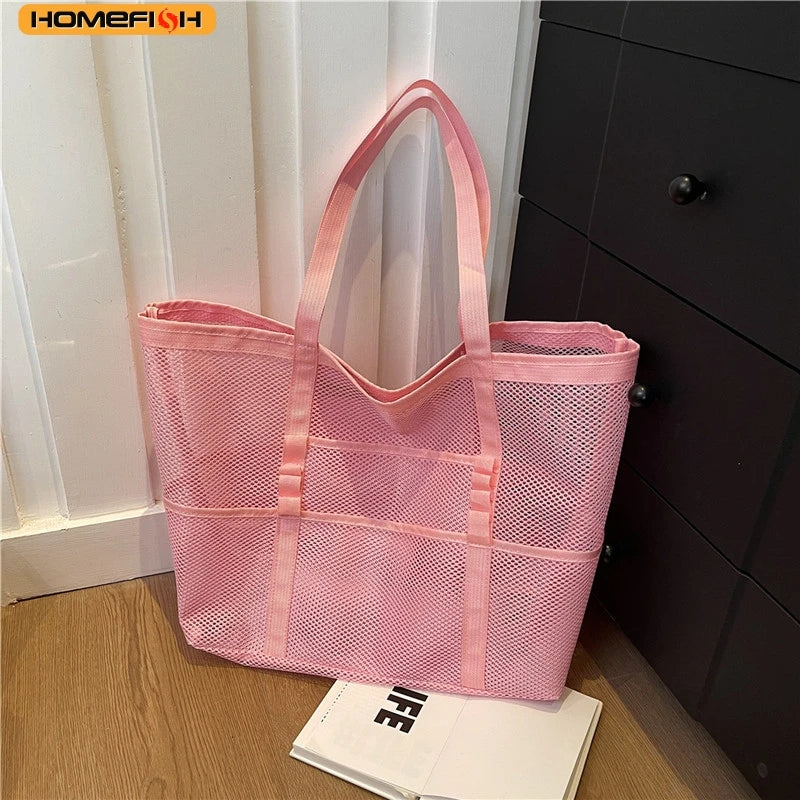 HOMEFISH Multipocket Summer Large Beach Bag For Towels Mesh Durable Beach Bag For Toys Waterproof Underwear Pocket Beach Tote