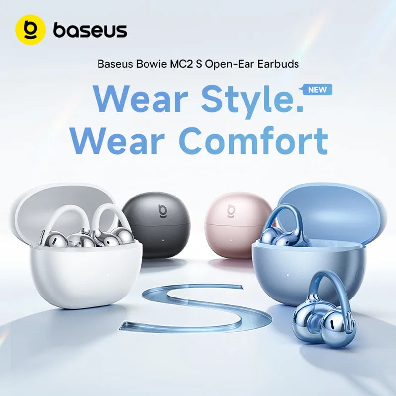 Baseus Bowie MC2 S Open Ear Wireless Earphones Bluetooth 6.0 Comfort Clip On Sports  Earbuds 4-Mic AI Clear Calls 50Hrs Playtime