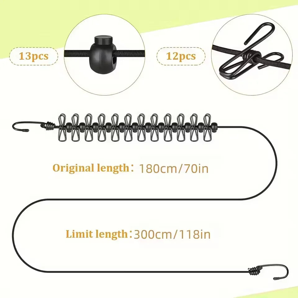 Portable Clothesline 180cm With 12 Clothespins Travel Stretchy Retractable Elastic Laundry Clothe Drying Outdoor Clothe Clips