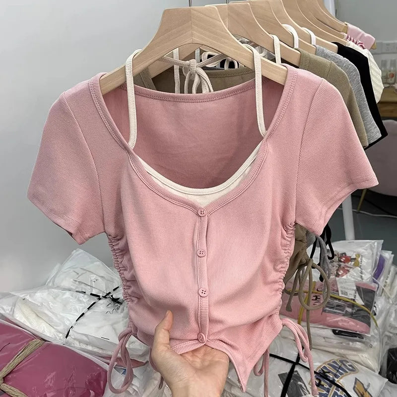 Sweet And Spicy Short Sleeve T-Shirt Neck Hanging Design Slimming Short Style Korean Version Commute Wind Women's Top