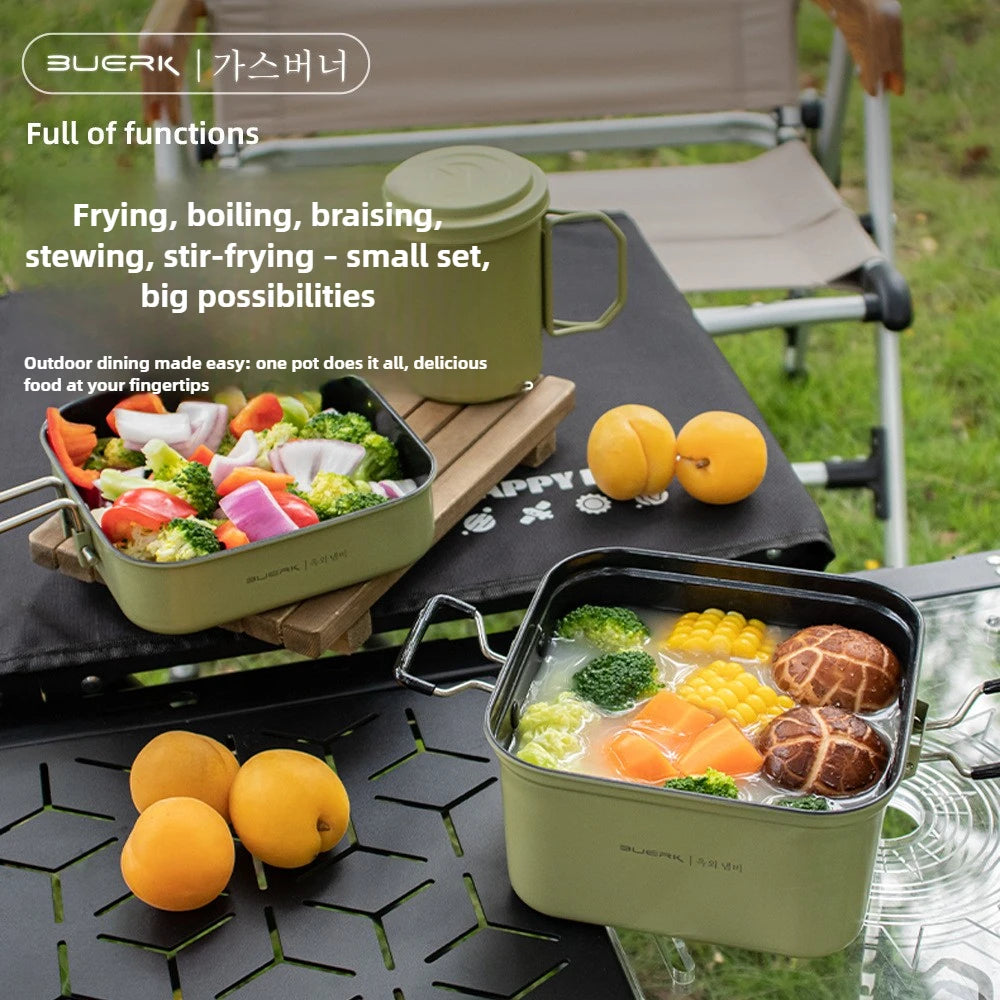 Outdoor Camping Square Pot Folding Portable Stainless Steel Lunch Box Frying Plate Cooking Pot Tableware Set Pot