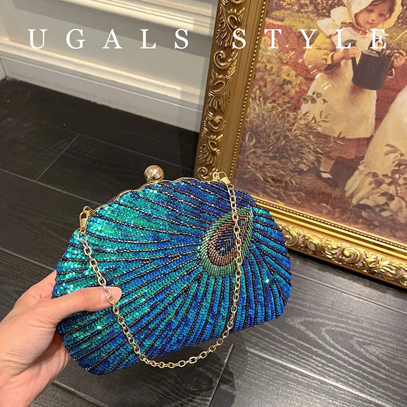 UGALS Chinese Style Bead Embroidery Peacock Shiny Diamond  Handbag Clutch Party Clip-On Shoulder Crossbody Bag