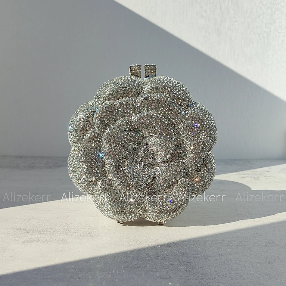 Alizekerr Rose Shaped Crystal Evening Bags Women Gorgeous Boutique Diamond Metal Clutch Purses And Handbags Bridal Wedding Party