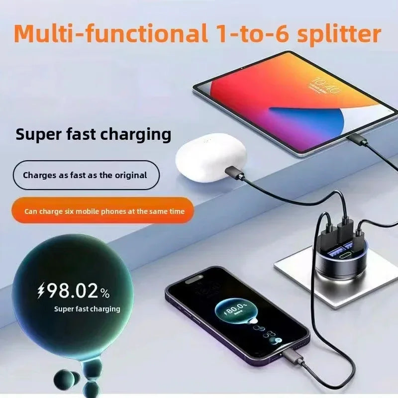 Fast Car Charger 6USB Ports Digital Display LED Cigarette Lighter Adapter Multi-Port Quick Charge For iPhone Samsung Xiaomi
