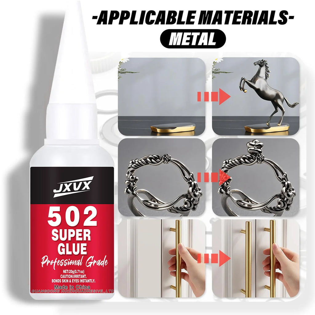 JXVX 50g 502 Super Metal Glue - Industrial Strength Metal Adhesive for Stainless Steel, Aluminum Alloy, Automotive and More - Quick Set in 15 Seconds,With Precision Distributor.