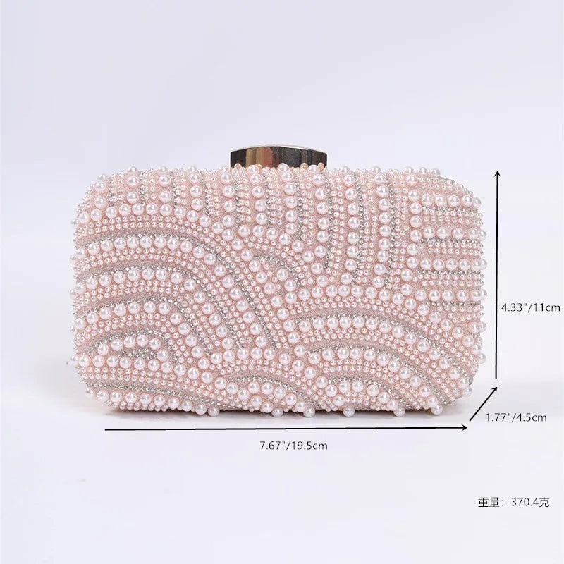 Ladies Pearl Elegant Evening Bag Fashionable Stylish Beading Wedding Dinner Party Banquet Dress Clutch Bag with Long Chain
