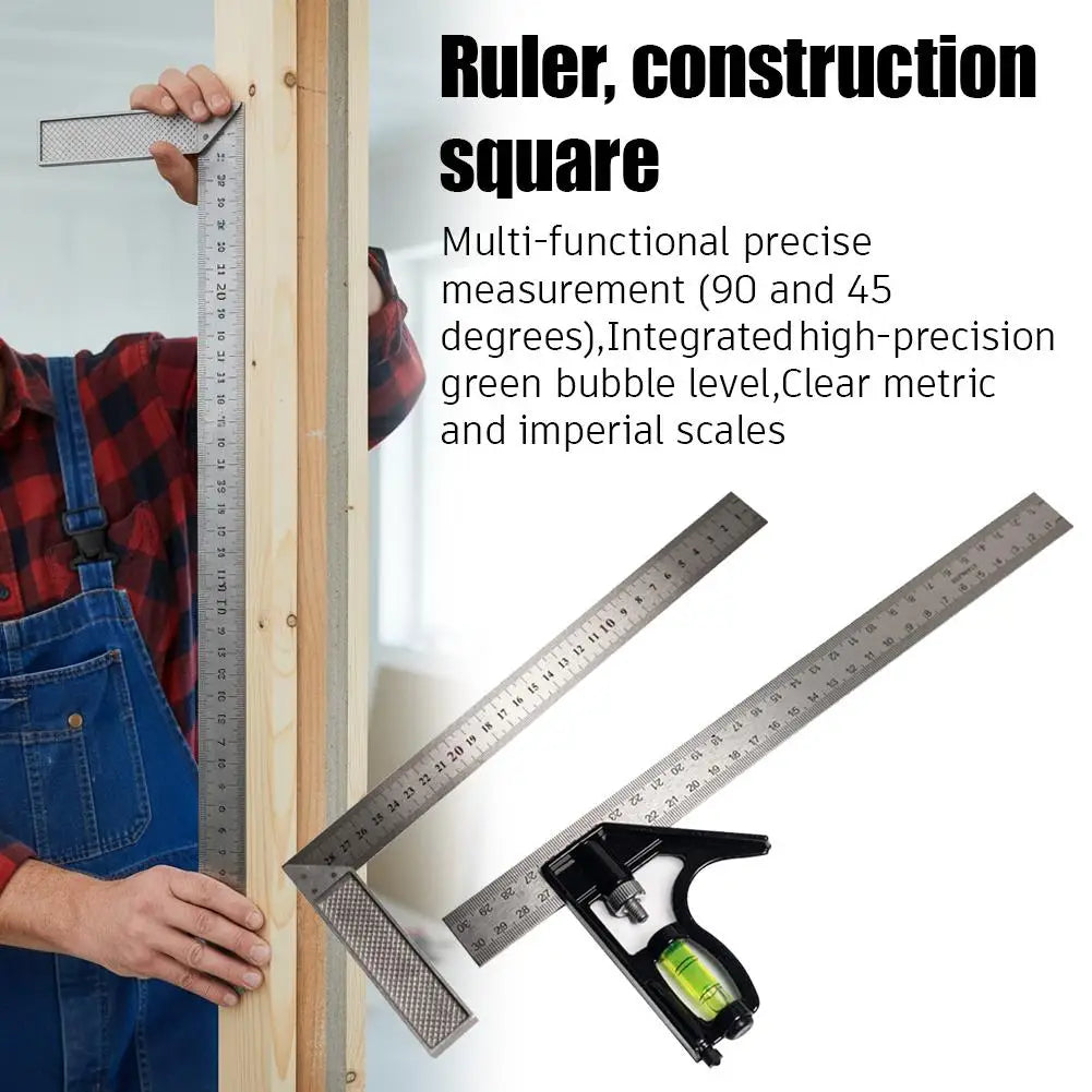 Combination Square Ruler With Aluminum Base Adjustable 45 90 Degree Angle Finder Stainless Steel Measuring Tool For Woodworking