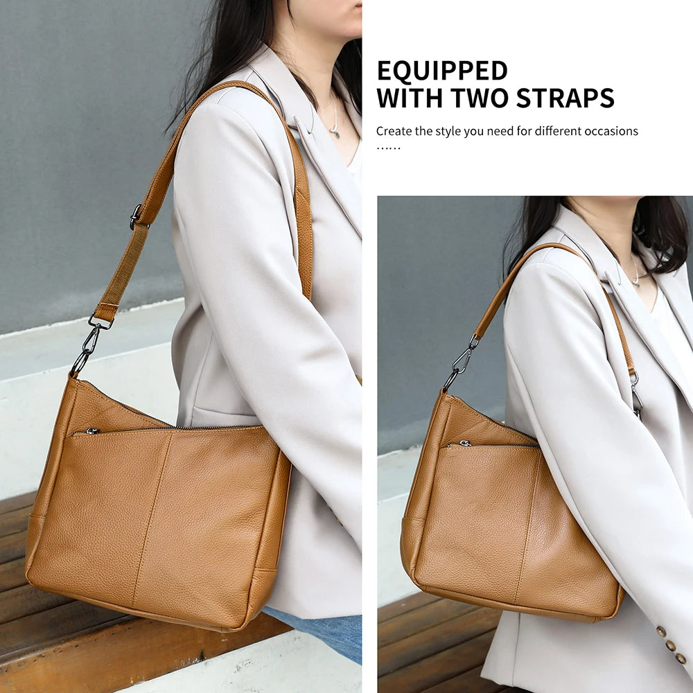 Women Full Grain Cow Leather Hobo Bag With Two Straps Multi Color Large Capacity Shoulder Crossbody Handbag