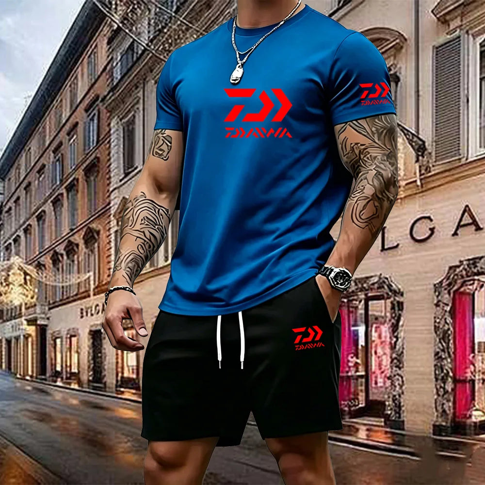 2026 Summer New Men's Fashion Outdoor Sports Set Printed Short Sleeve T-shirt+Shorts Loose Home Leisure Two Piece Set