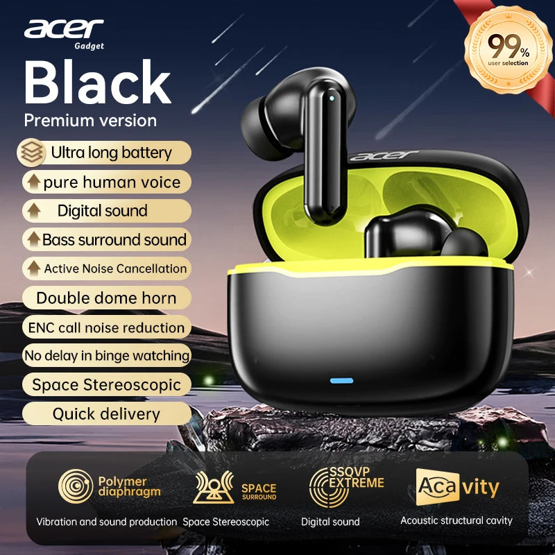 Acer In-Ear Wireless Bluetooth Headphones with Anc Active Noise Reduction, Hd Calls, Dolby Surround Sound, Large Battery, Long Battery Life, No Delay for Music and Games, Suitable for Sports, Running, and Fitness Use