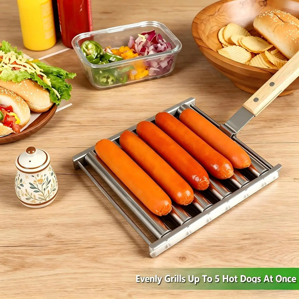 Portable Stainless Steel Hot Dog Sausage Roller Grill Long Wooden Handle Even Cooking BBQ Tool For  Picnic Camp Outdoor Barbecue