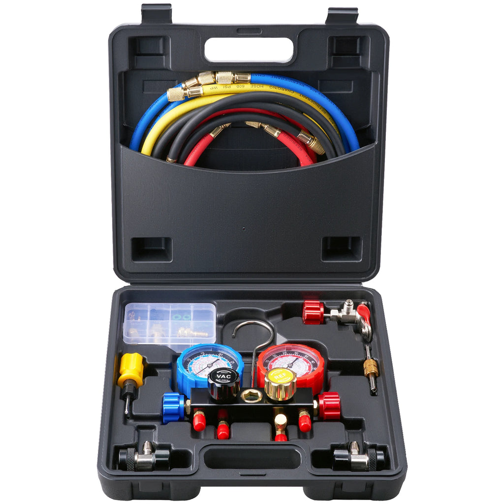 SucceBuy 4 Way AC Gauge-AC Manifold Gauge Set 5ft Hoses for R134A/R22/R12/R410A Work on Car Auto Freon Charging and Evacuation
