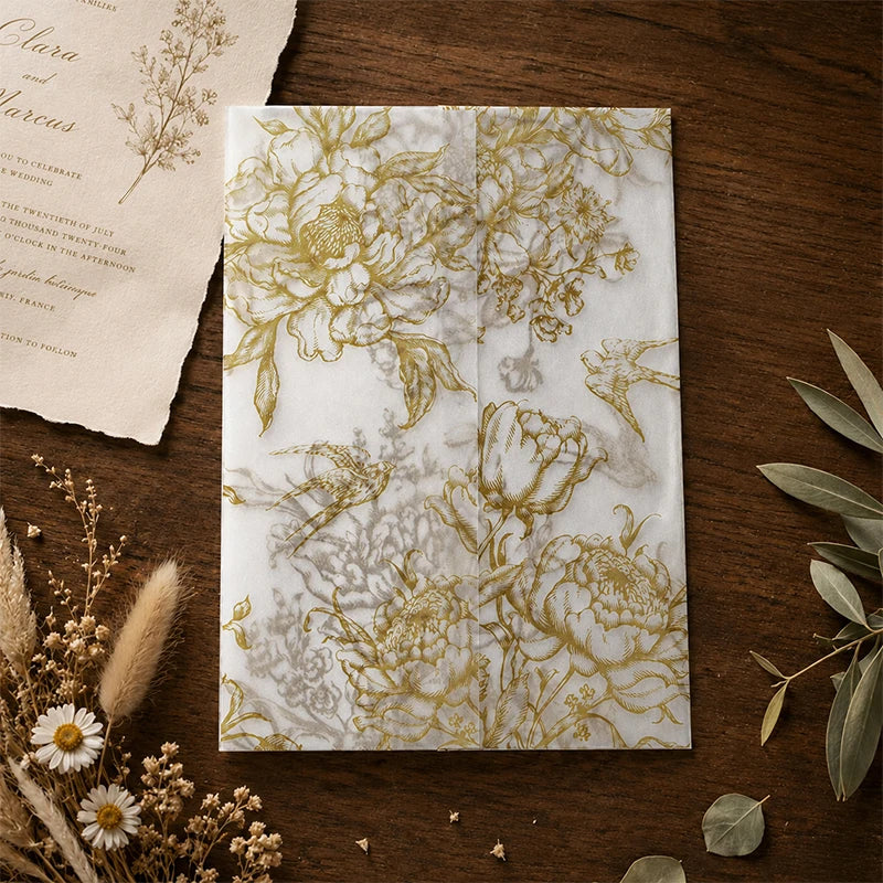 20/50pcs Vellum Wrap with Monochrome Flowers, Vintage Floral Vellum Jacket, DIY Vellum Fold Envelope,for Wedding Invitations