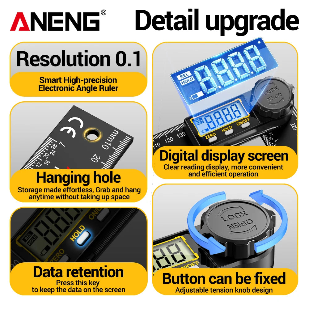 ANENG RC01 Digital Gauge Angle Measurement Tool Goniometer Electronic Protractor Multi Angle Ruler Woodworking Angle Finder