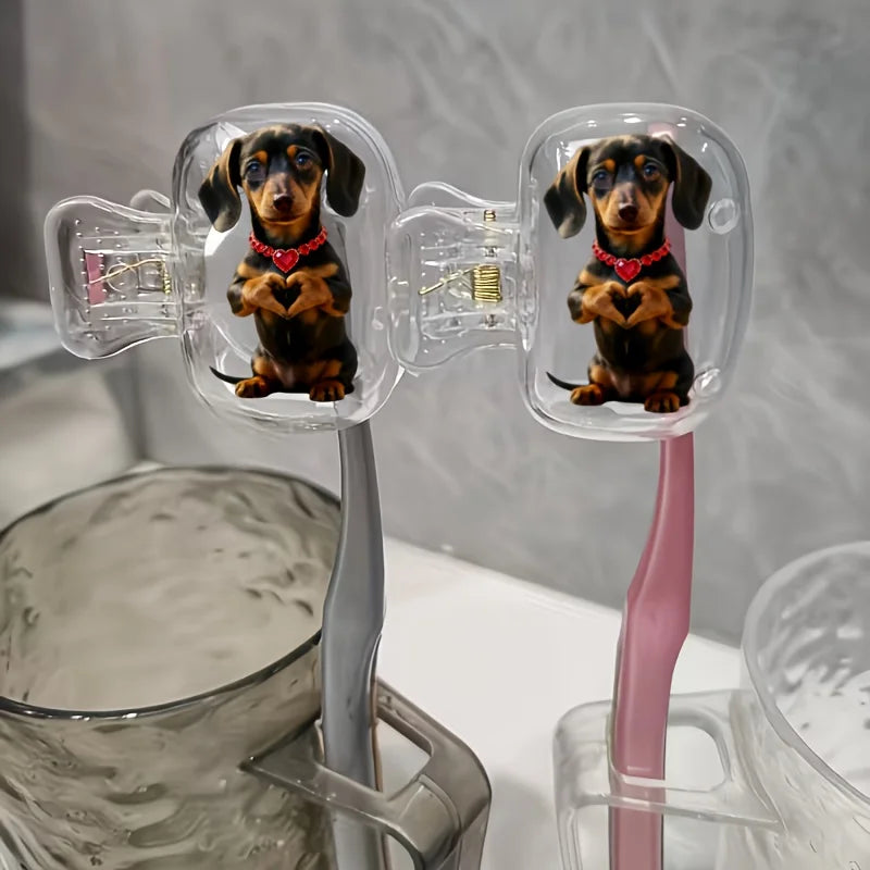 2pcs Cute Dachshund with Heart Pattern Portable Toothbrush Head Cover Storage Case Toothbrush Protective Cover Holder Party Gift