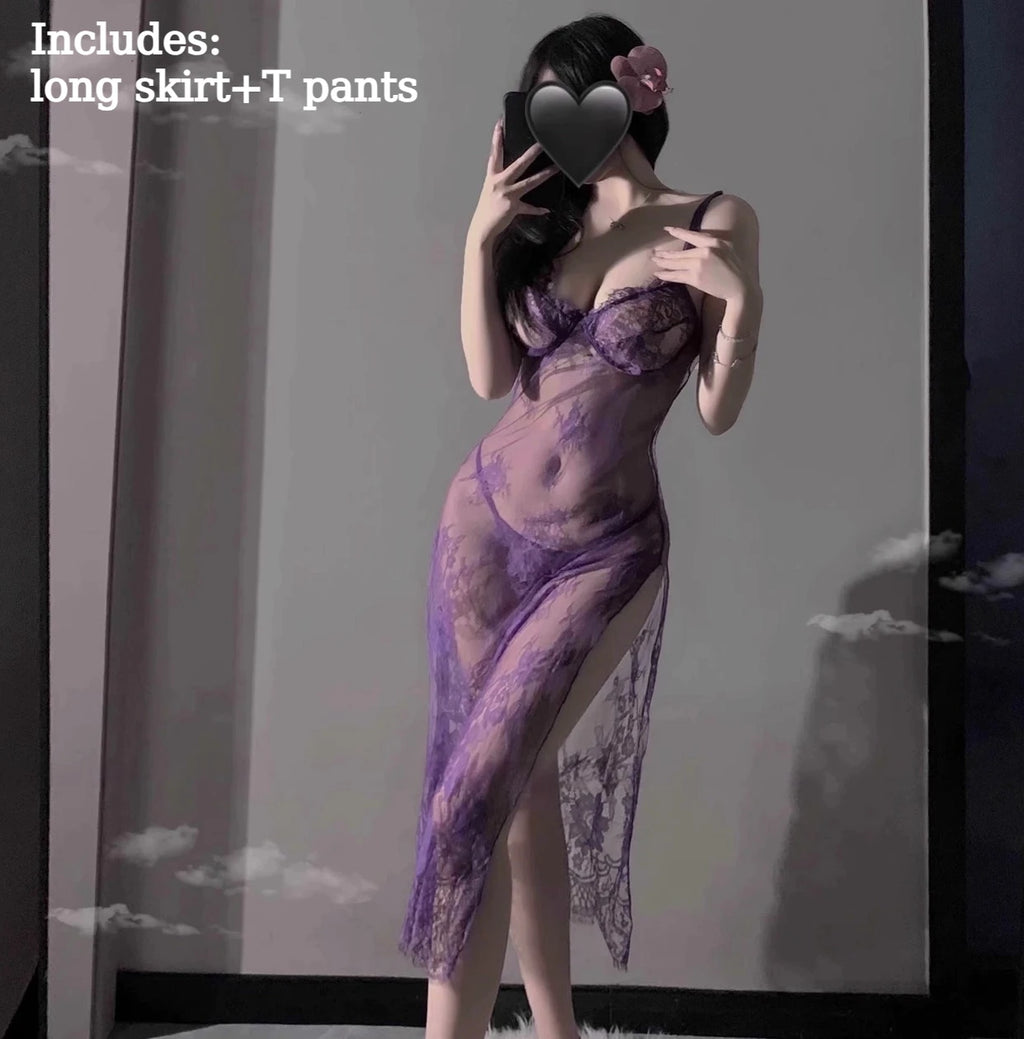 Purple Sexy Women Sheer Lace Slip Lingerie Set High Split Long Dress Cosplay Uniform Sleepwear Suitable for Small Bust Ladies