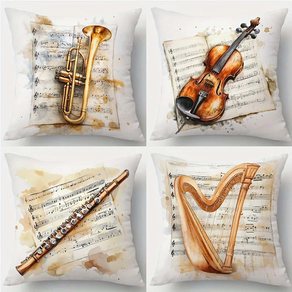 4-Piece Spring/Summer Decorative Pillowcase Set – Vintage Musical Instrument Design (Trumpet, Violin, Flute & Piano)