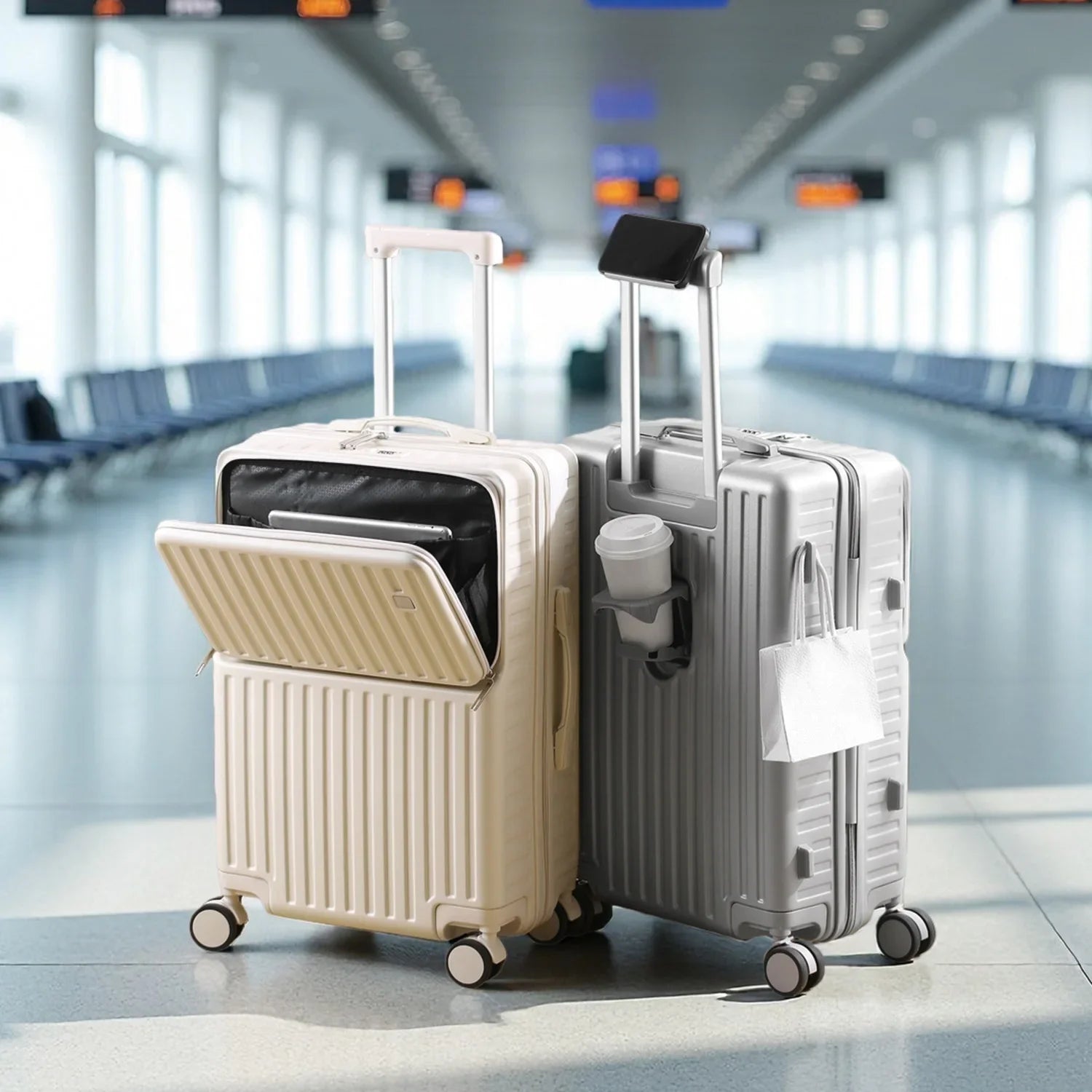 Front-Opening Carry-On Luggage Hidden Phone Holder Wet/Dry Compartment 20" ABS+PC Multi-functional Suitcase Cup Holder Side Hook