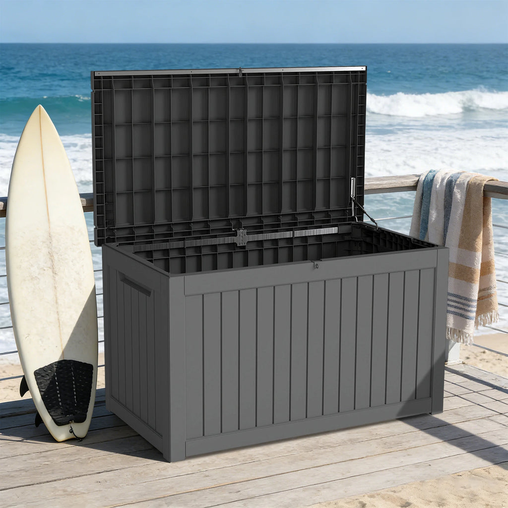 230 Gallon Heavy-Duty Resin Outdoor Storage Box, Wood Grain Patio, Garden & Pool Deck Organizer for Sports Gear, Yard Tools, Throw Pillows | Sturdy Plastic Construction, Multi-Purpose Use, Patio Storage Box, Classic Design, D