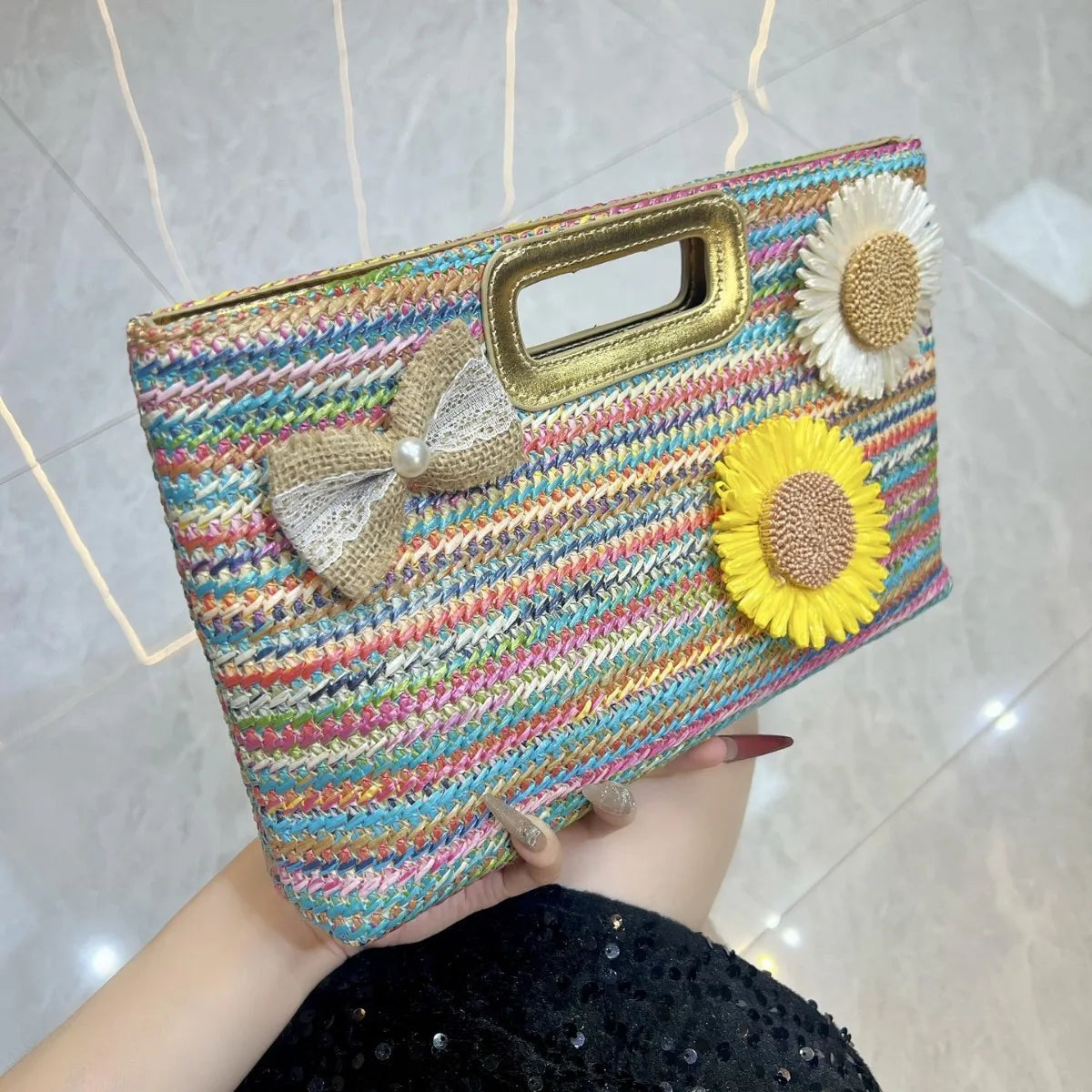 New women's bag straw woven clutch bag chain shoulder messenger bag woven handbag