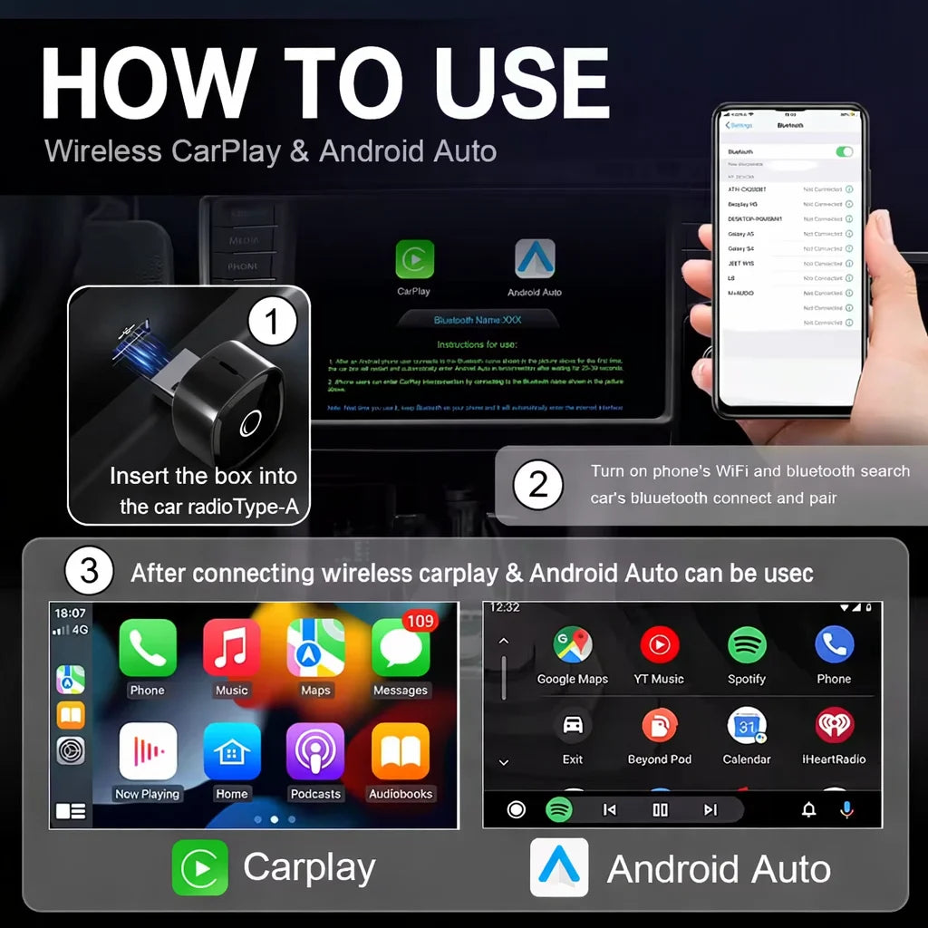 2026 Upgraded 2-in-1 Wireless CarPlay & Android Auto Adapter, Type-C Port | Wired to Wireless Dongle | Plug & Play