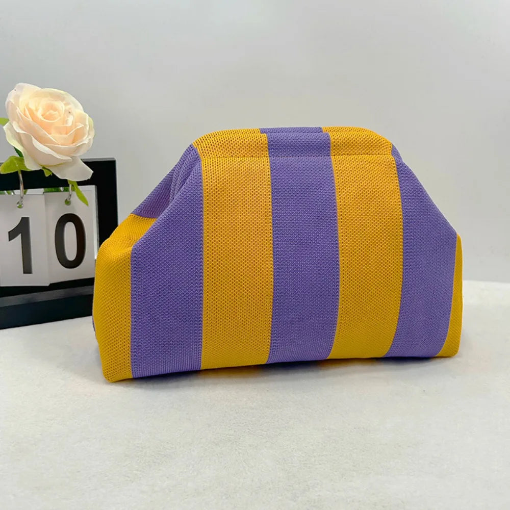 Knitted striped handbag dinner work beach large capacity daily versatile color contrast commuter clip bag women