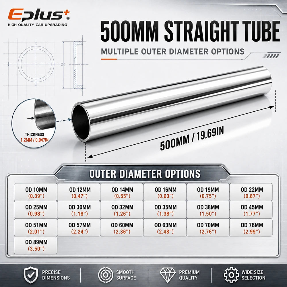 500mm Length 304 Stainless Steel Straight Pipe 1.2mm Thick Universal Round Tube OD 19-89mm for Connections metal tube Adapter