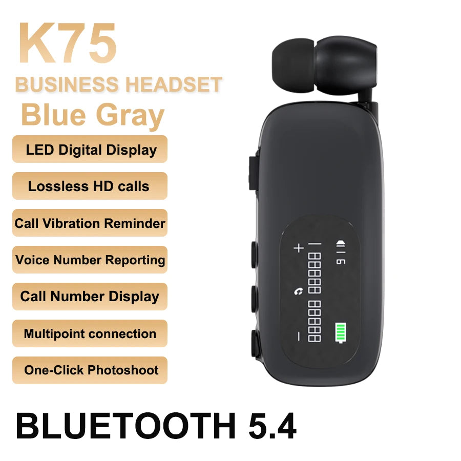 K75 Lavalier Business Headset Bluetooth 5.4 Bass Earphone HD Call Vibration Reminder+Voice Number Reporting Wireless Headphone