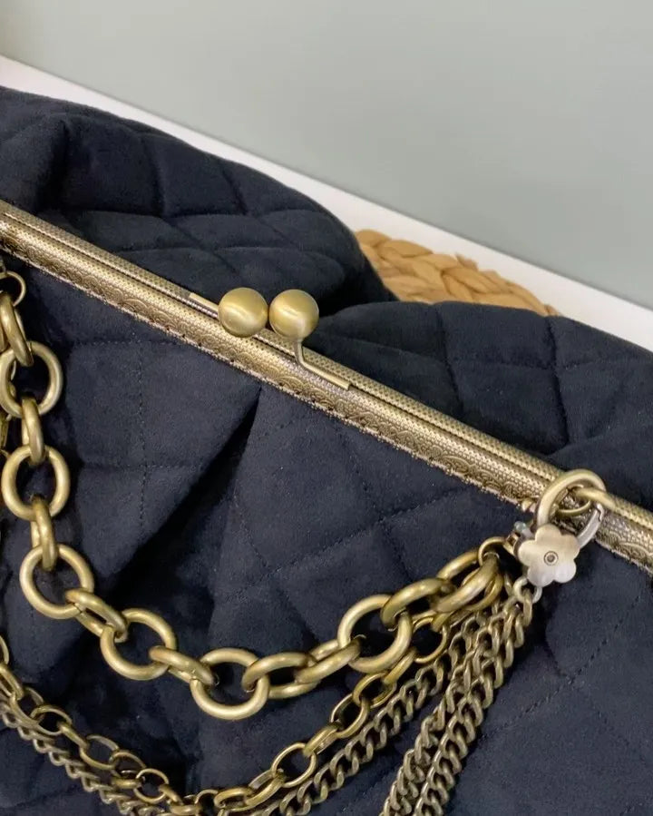 LOST IN VINTAGE Leopard Print Cotton Fabric Soft Puffy Soild Bag Balls Bronze Kiss-lock Large Purse Frame Clutch 40x24x10cm