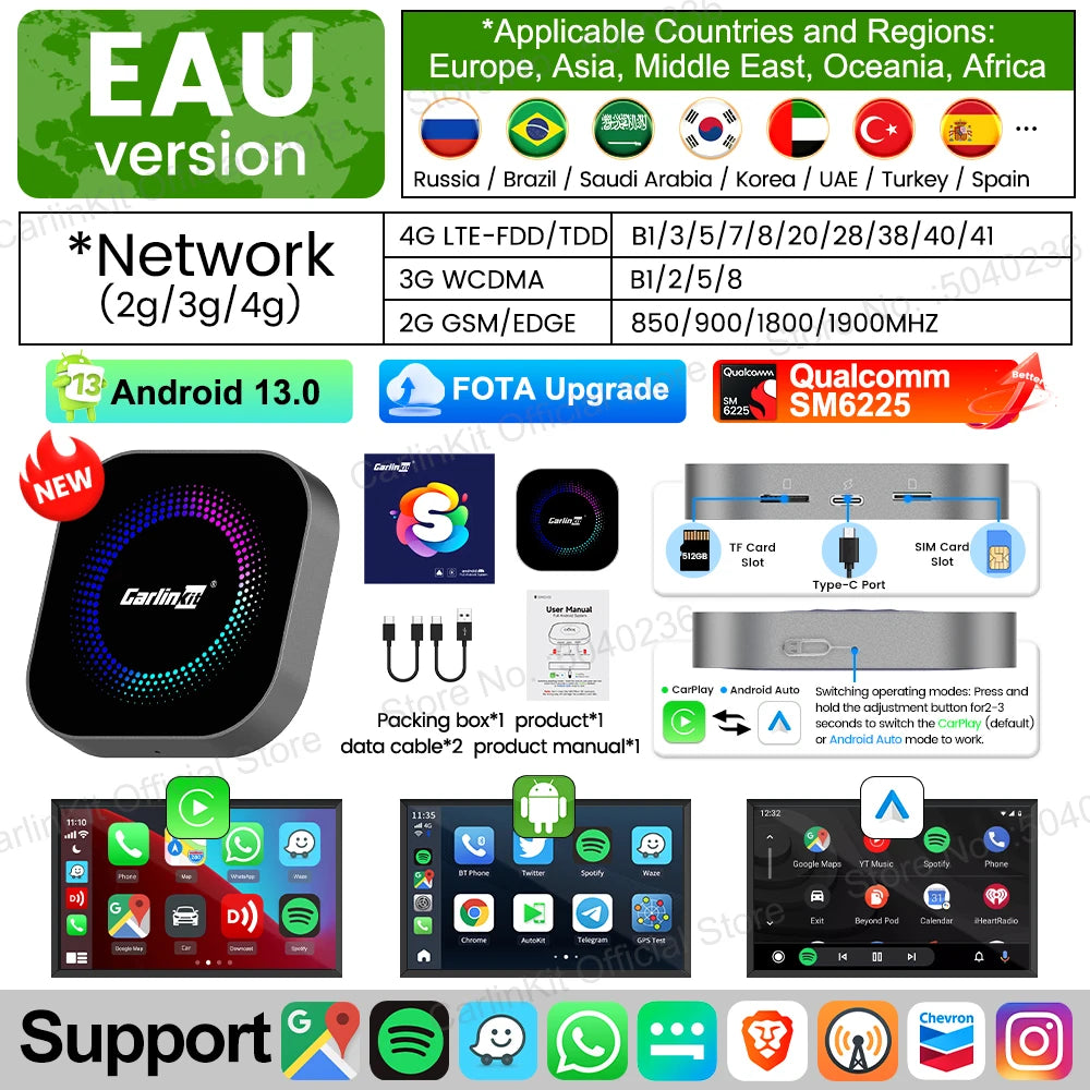 CarlinKit TV Box S2F Android 13 CarPlay Ai Box SM6225 8 Cores Wireless CarPlay Android Auto Video Streaming Box 4G LTE &WiFi GPS