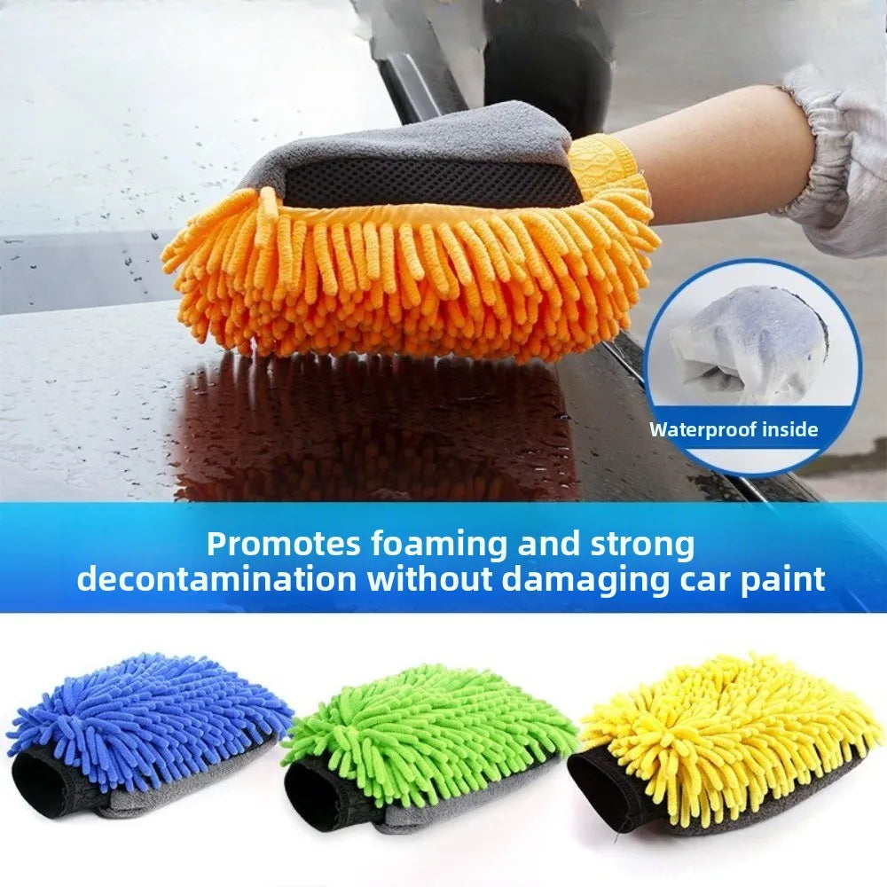Car Chenille Car Wash Gloves Thickened Waterproof Car Wipe Gloves Car Coral Fleece Double-sided Car Cleaning Tool