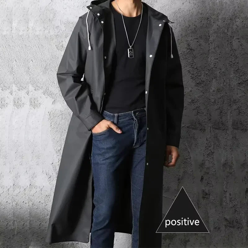 Fashion Black Adult Windbreaker Style Waterproof Long Raincoat Women's Men's Hooded Outdoor Motorcycle, Bicycle, Hiking, Fishing