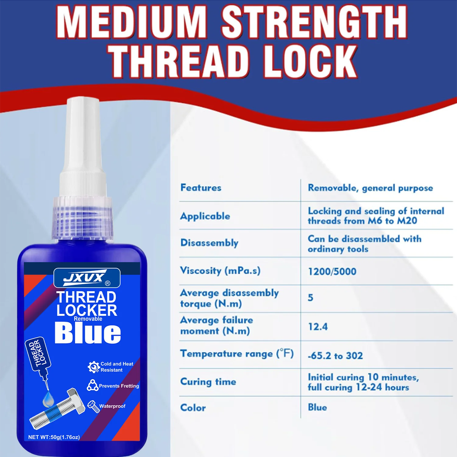 50ml Thread Locking Agent, Medium Strength Blue Anaerobic Adhesive for Fixing Screws and Nuts, Anti-Loosening, Anti-Corrosion, Oil Resistant, Blue Loctite