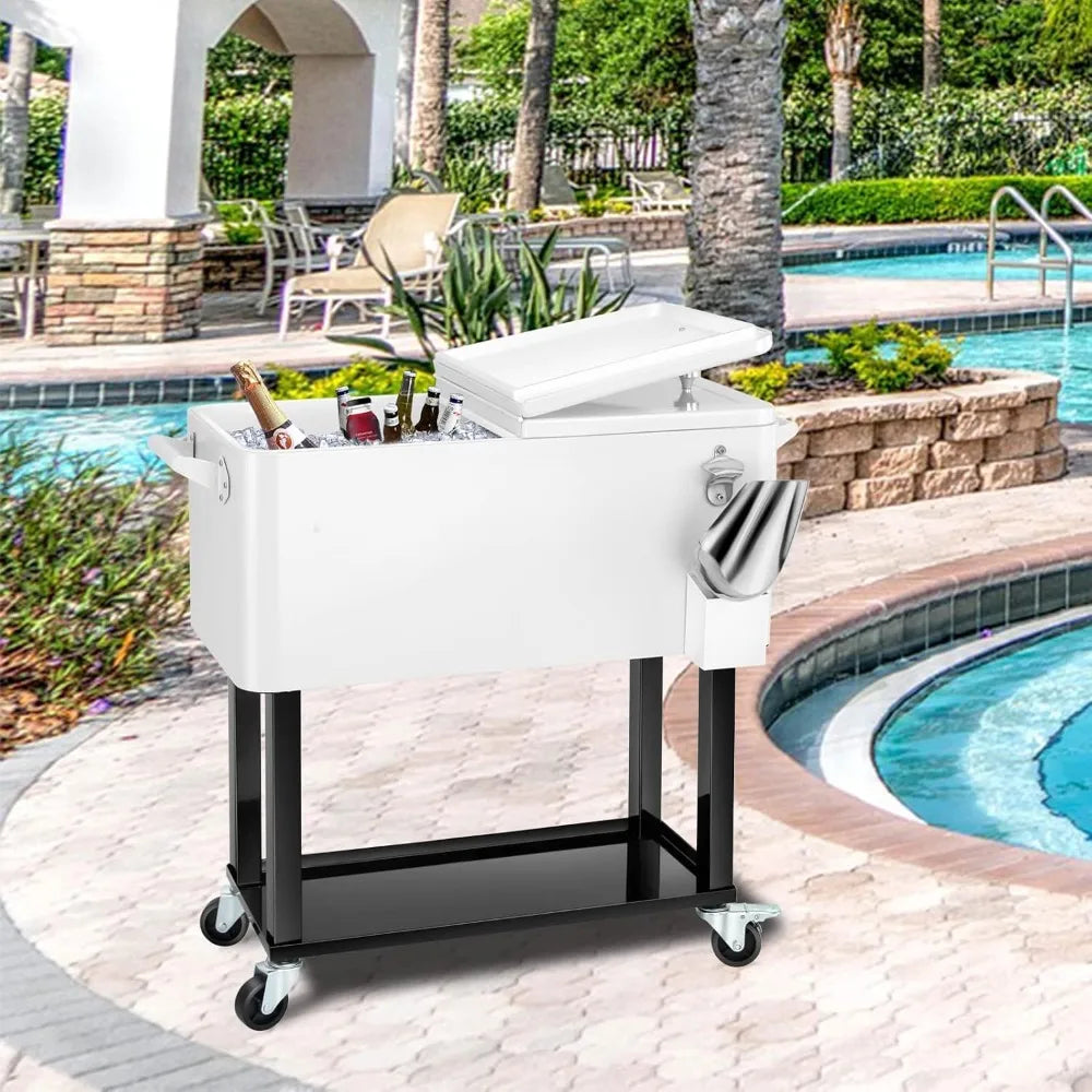 80 Quart Rolling Ice Chest Cooler Cart,Stand Up Beverage Bar Trolley For Patio Backyard Party, Custom