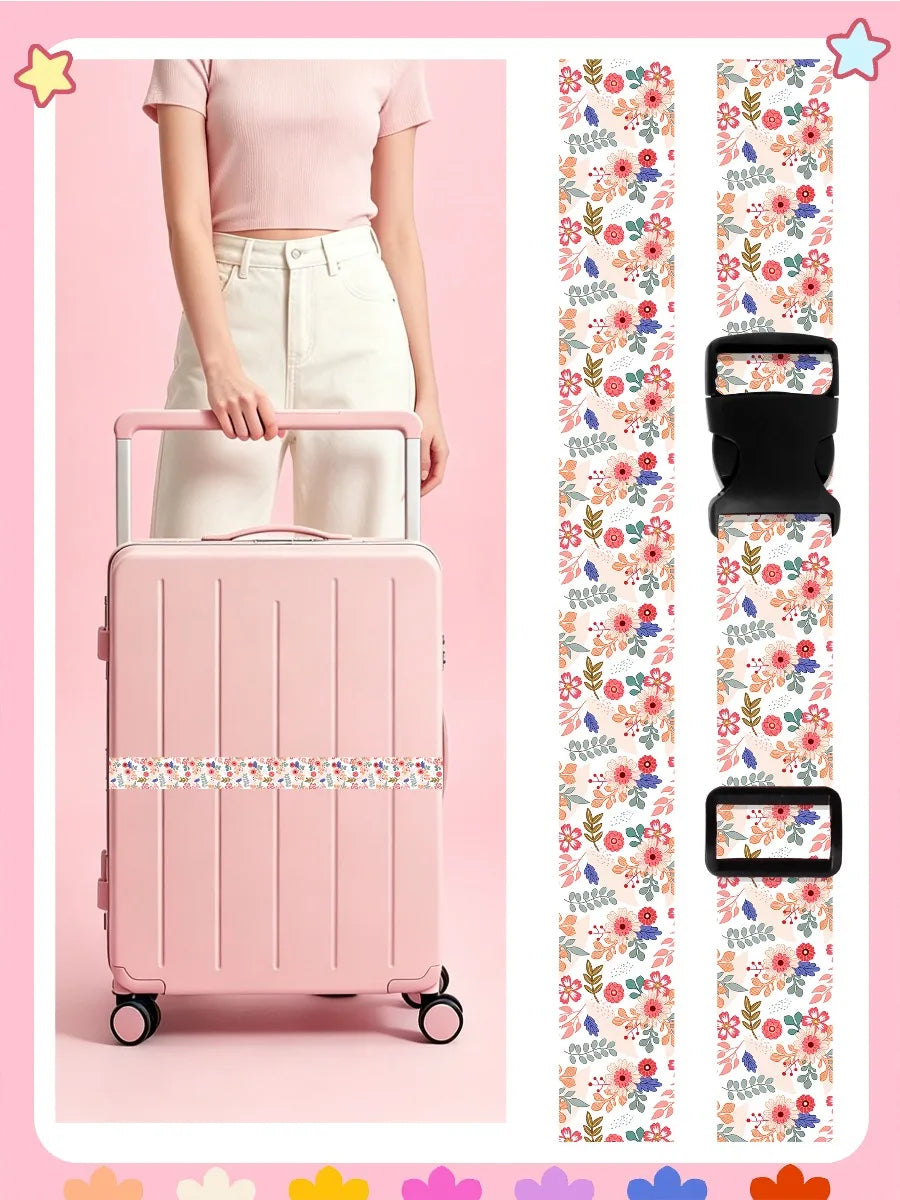 Adjustable Luggage Strap for Suitcase, Cute Print Travel Luggage Belt with Buckle, Soft Fabric Anti-loose Suitcase Binding Strap