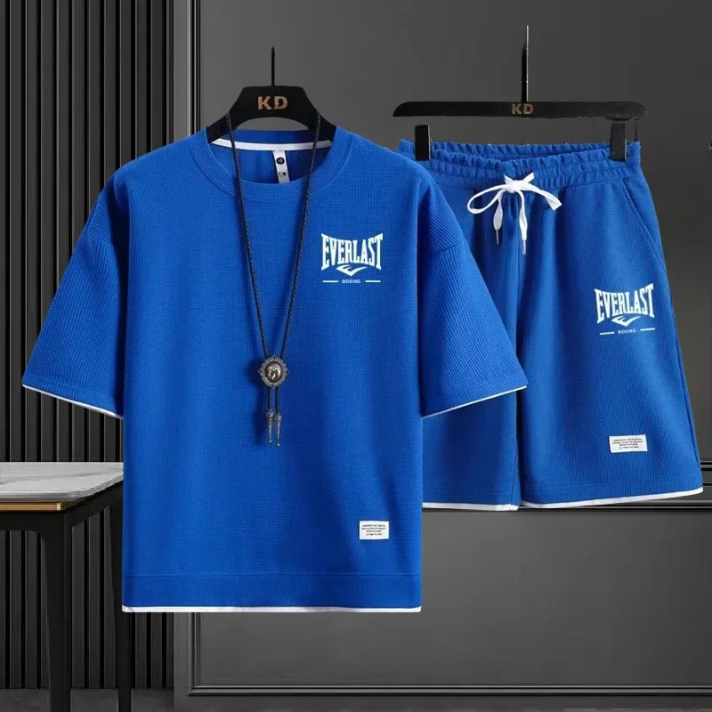 EVERLAST New Summer Men's Daily Casual Breathable Comfortable Loose Sports Set Fashion Brand Men's Waffle Top+Shorts 2-piece Set