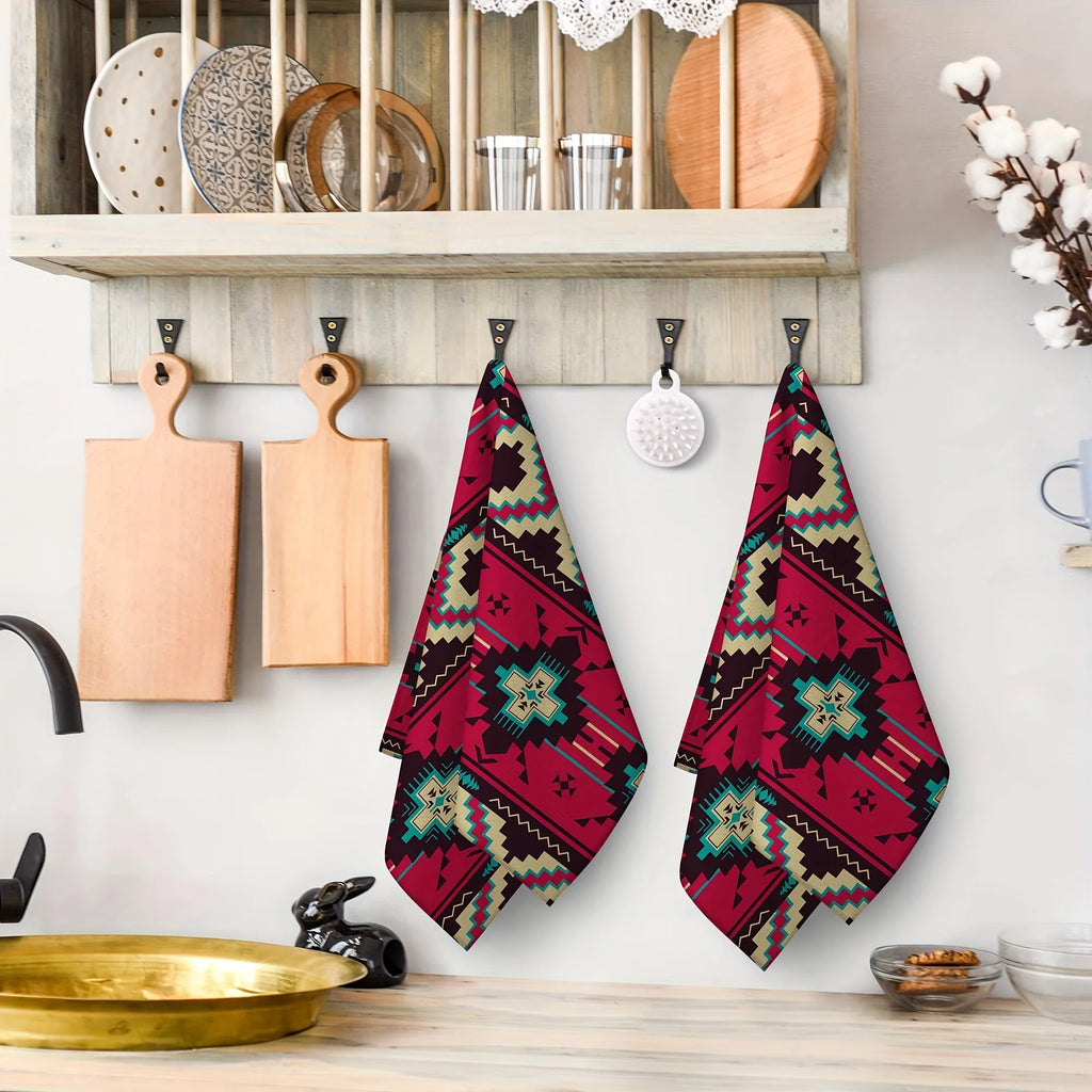 2-Piece American Red Ethnic Style Towel Set | Polyester Tea Towel with Cartoon Theme, Hand Wash Only, Perfect for Modern Home