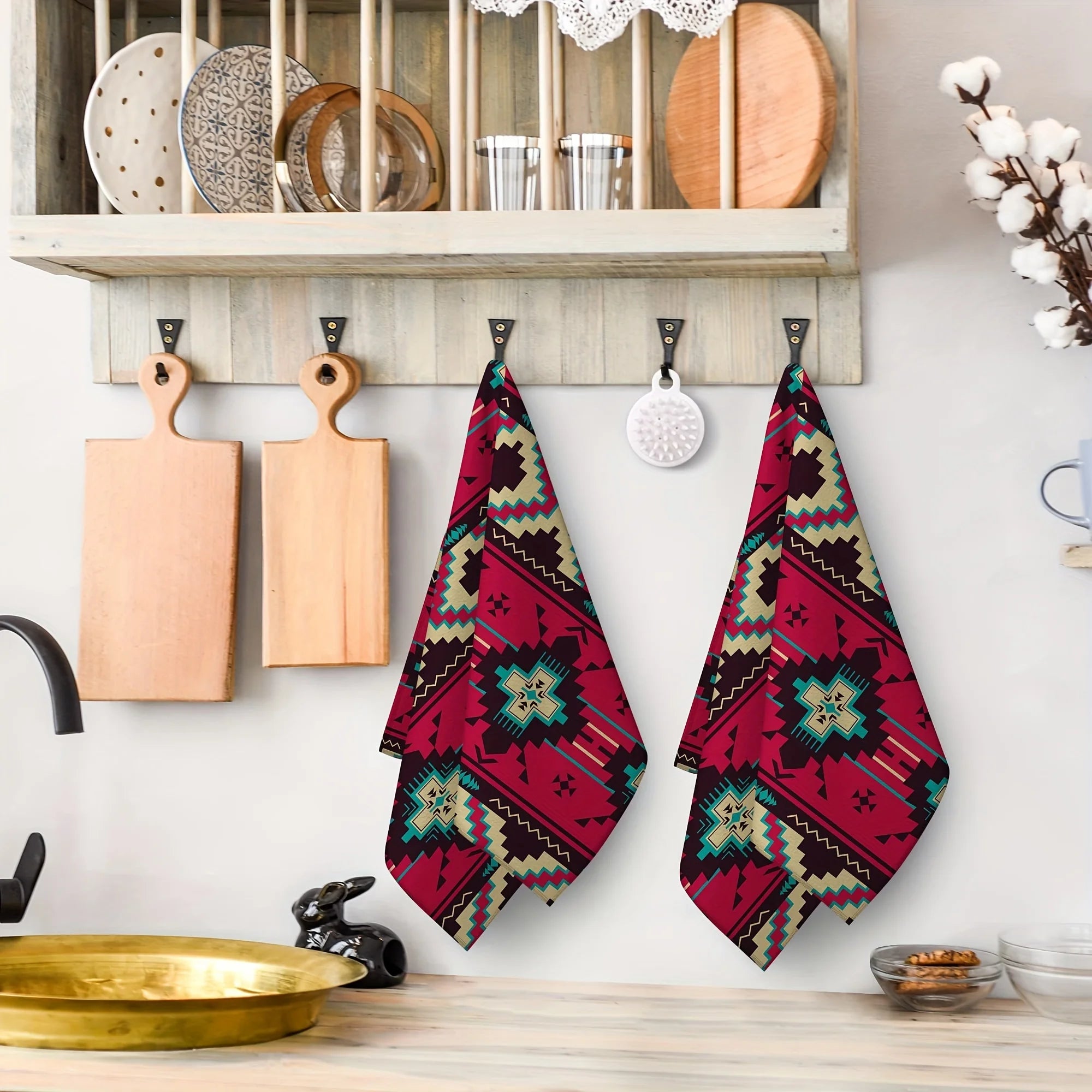 2-Piece American Red Ethnic Style Towel Set | Polyester Tea Towel with Cartoon Theme, Hand Wash Only, Perfect for Modern Home